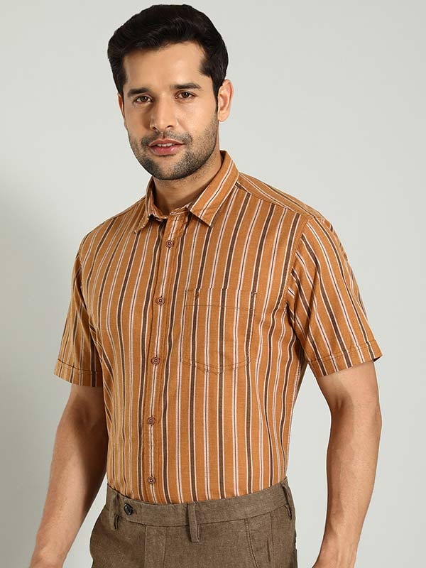 Indian Terrain Men's Regular Fit Half Sleeve Striped Brown Shirt